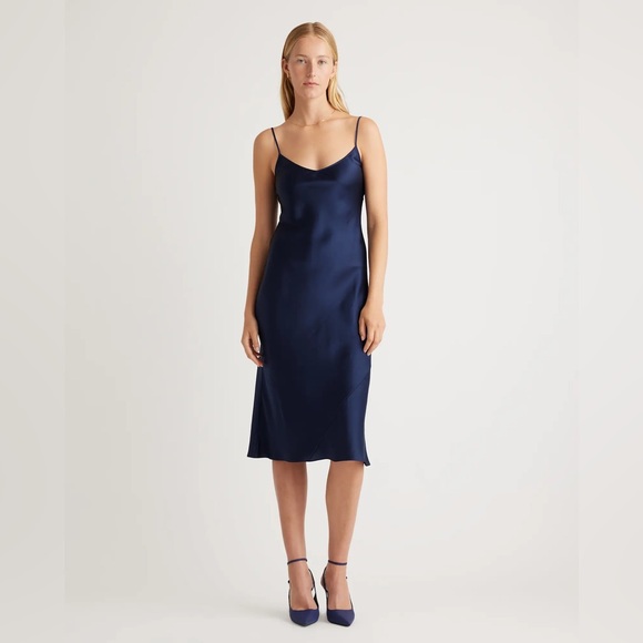 Quince Mulberry Silk Navy Blue Midi Dress - Picture 1 of 10